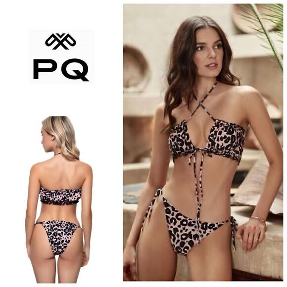 New. PQ pink leopard Ruched Bandeau Bikini. Small. Retails $152 - Picture 1 of 11